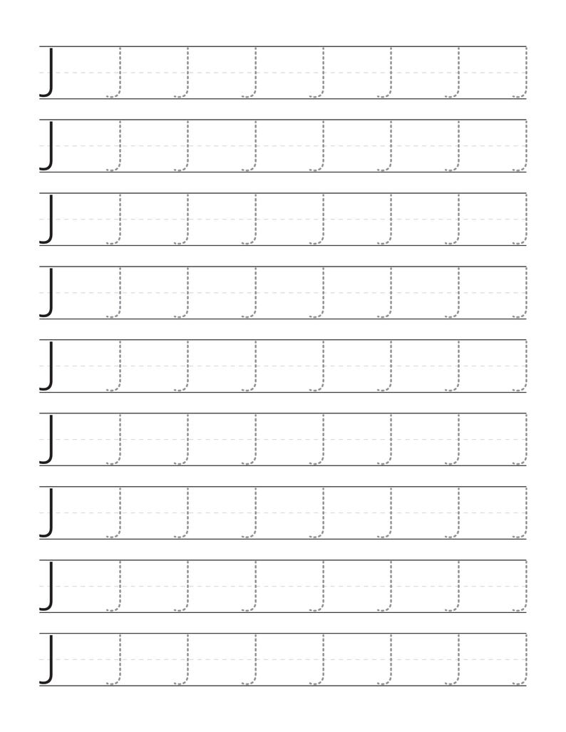May include: A handwriting practice worksheet featuring nine horizontal rows. Each row contains a solid black uppercase letter J followed by seven dashed-line uppercase letter J characters, all set against a white background with light grey guidelines.