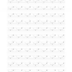 Peut inclure: Une feuille d'exercices d'&eacute;criture manuscrite pr&eacute;sentant plusieurs lignes de courbes en forme de U en pointill&eacute;s. Chaque ligne commence par un point noir plein, suivi d'un trac&eacute; en pointill&eacute;s qui s'incurve vers le bas, se terminant par un point noir.