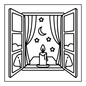 A black and white line art coloring page showing a lit candle on a windowsill, with a night sky, moon, and stars visible through an open window.