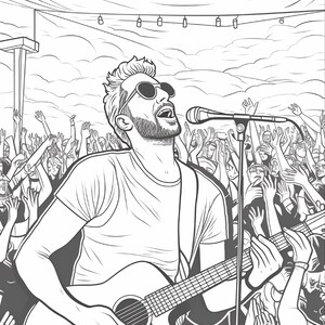 May include: A black and white line art illustration of a musician performing on stage with an acoustic guitar and a microphone. The performer wears sunglasses and has a beard, while a large crowd with raised hands is visible in the background.