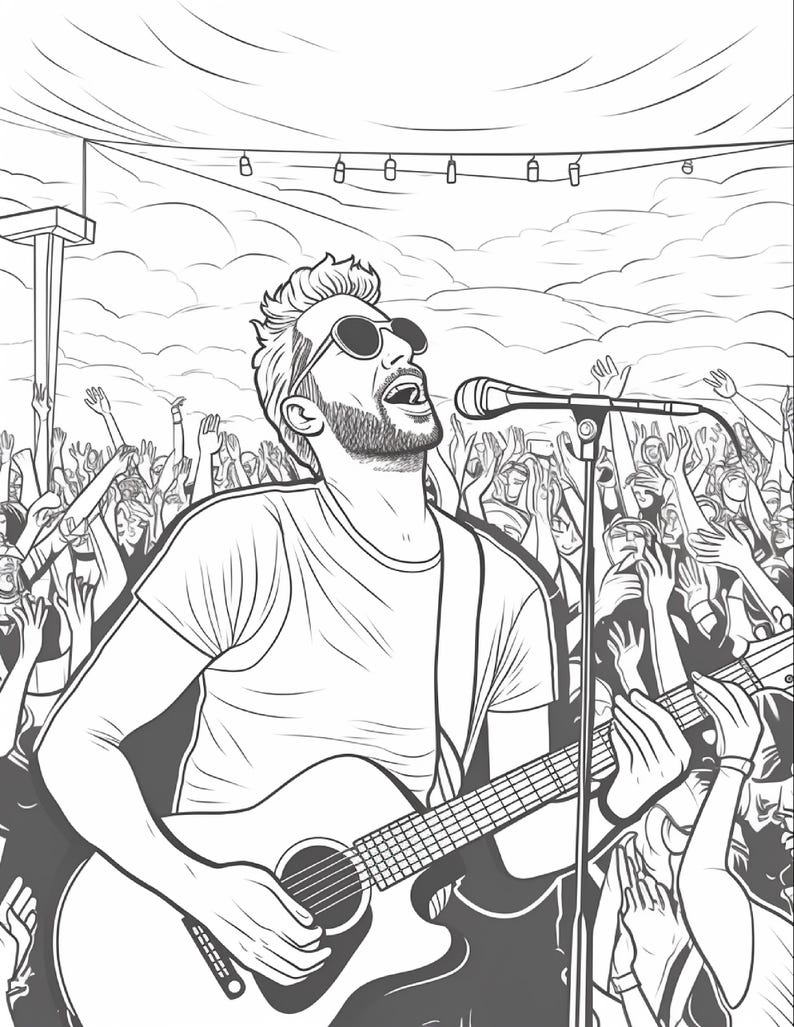 May include: A black and white line art illustration of a musician performing on stage with an acoustic guitar and a microphone. The performer wears sunglasses and has a beard, while a large crowd with raised hands is visible in the background.