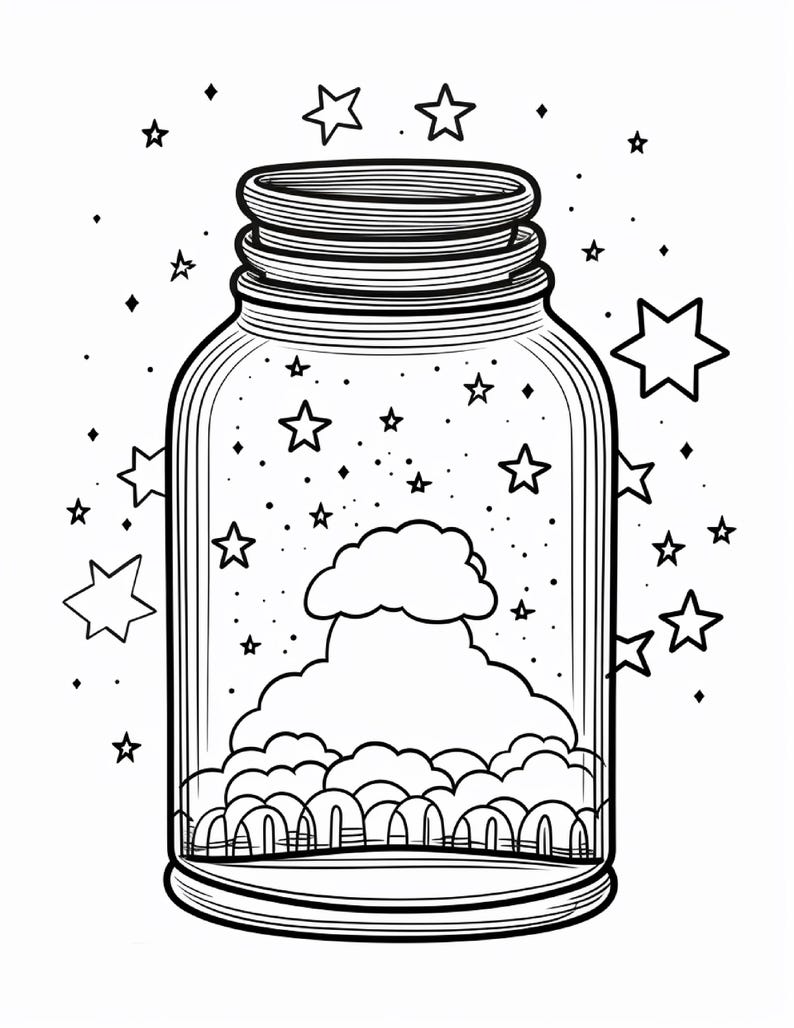 K&ouml;nnte beinhalten: Eine schwarz-wei&szlig;e Strichzeichnung eines Glasgef&auml;&szlig;es, das an der Basis eine Ansammlung flauschiger Wolken und dar&uuml;ber eine einzelne gr&ouml;&szlig;ere schwebende Wolke enth&auml;lt. Das &Auml;u&szlig;ere des Glases ist von unterschiedlich gro&szlig;en Sternen und kleinen Punkten umgeben.