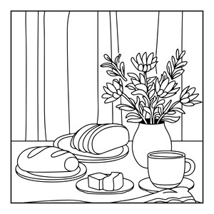 May include: A black and white line art illustration depicting a breakfast scene with two loaves of bread on plates, a small plate with two cubes of butter, a cup on a saucer, and a vase filled with flowers, all set against a curtained background.