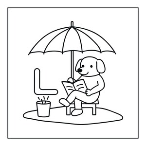 May include: A black and white line art illustration featuring a dog sitting on a chair under an umbrella while reading a book. Next to the dog is a small trash can with a L-shaped object floating above it, all contained within a square border.