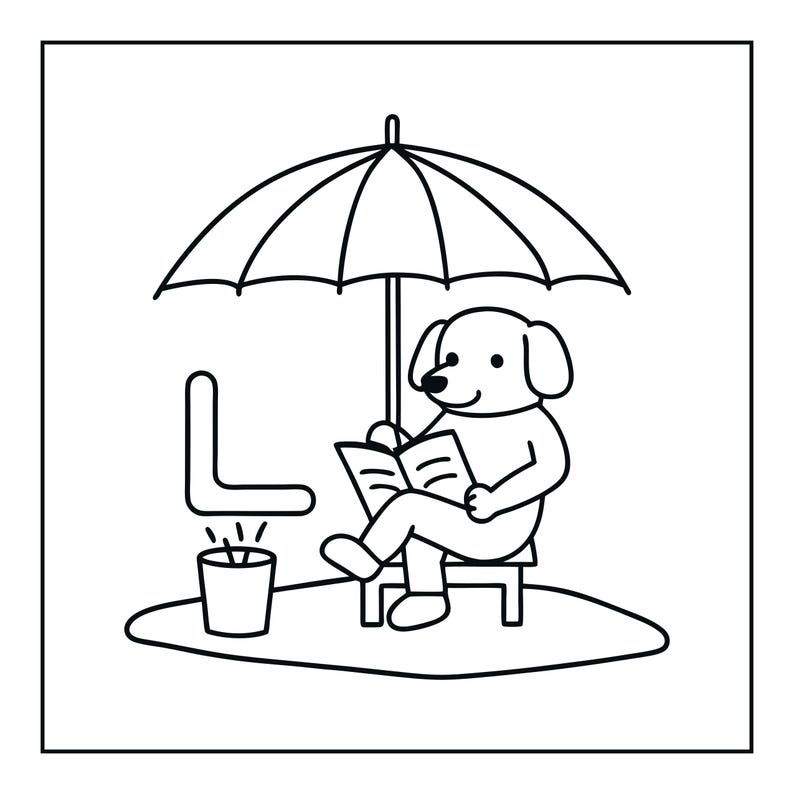 May include: A black and white line art illustration featuring a dog sitting on a chair under an umbrella while reading a book. Next to the dog is a small trash can with a L-shaped object floating above it, all contained within a square border.