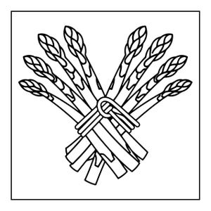 May include: A black and white line art illustration of a bundle of seven asparagus stalks tied together with a simple string. The stalks are arranged in a fan shape, with the tips pointing upward and the cut ends pointing downward.