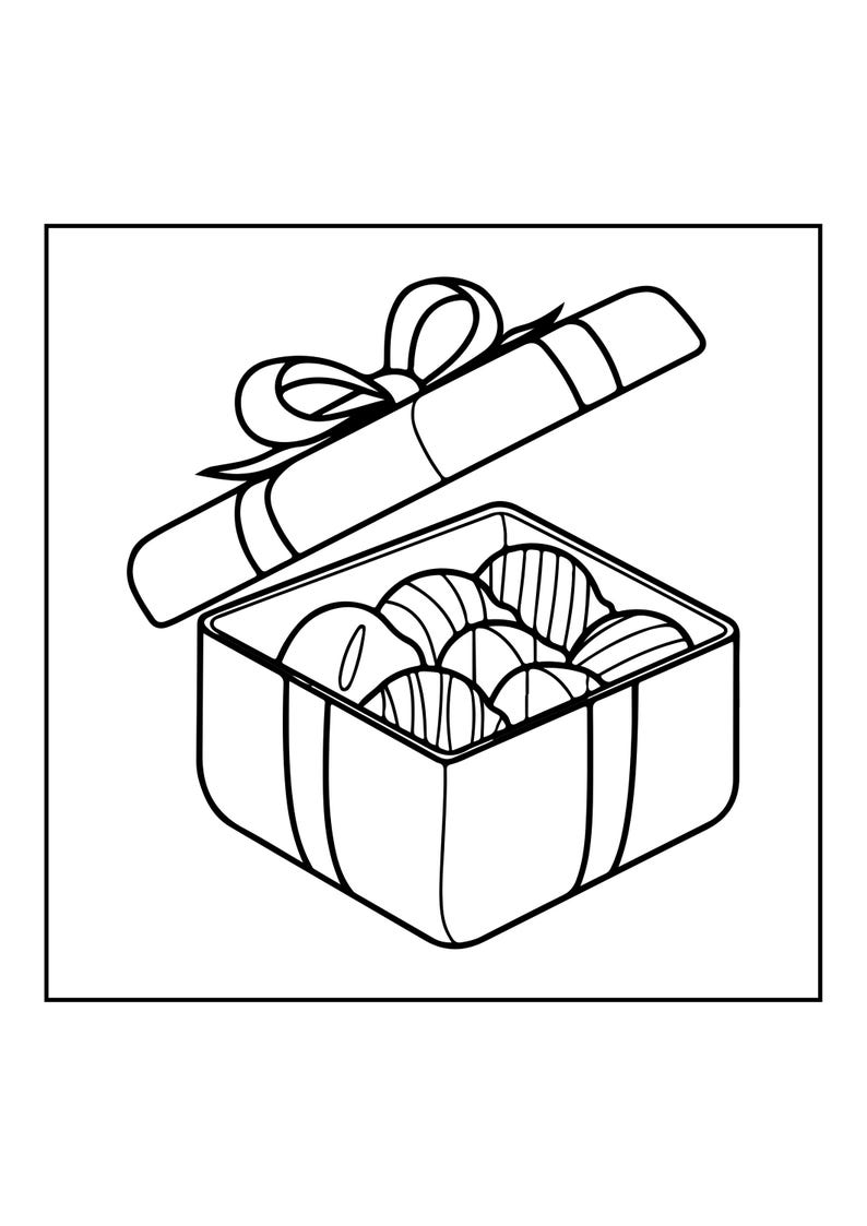 Op de afbeelding: Een zwart-witte lijntekening van een vierkante geschenkdoos met een open deksel. De doos is gestrikt met een lint en een strik en bevat verschillende ronde, gestreepte snoepjes of chocolaatjes die in de doos zijn gerangschikt.