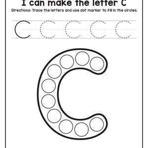 A printable worksheet titled I can make the letter C with dotted tracing letters and a large letter C filled with circles for dot markers above a cat illustration.