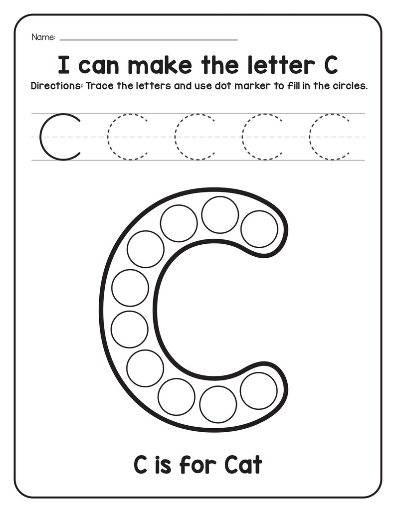 A printable worksheet titled I can make the letter C with dotted tracing letters and a large letter C filled with circles for dot markers above a cat illustration.