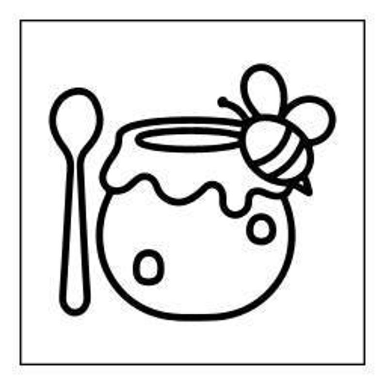 A line drawing of a honey pot with a bee on the side and a honey dipper next to it.