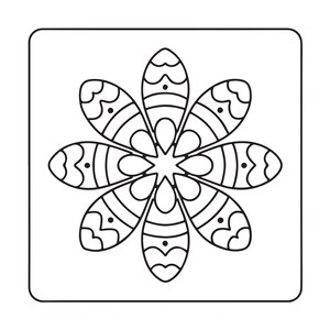 May include: A square stencil featuring a central floral motif with eight symmetrical, elongated petals. Each petal contains internal line work, including curved segments, horizontal bands, and a small dot, all rendered in black lines on a white background.