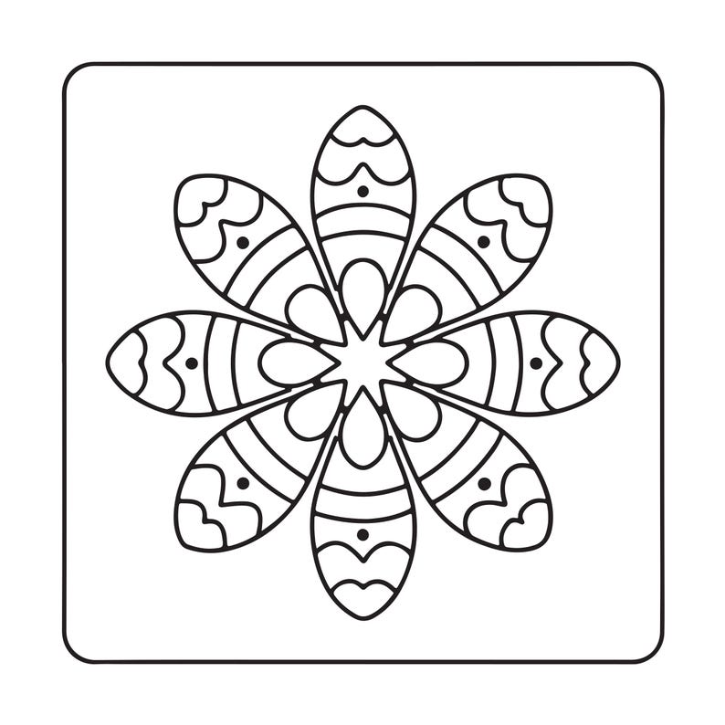 May include: A square stencil featuring a central floral motif with eight symmetrical, elongated petals. Each petal contains internal line work, including curved segments, horizontal bands, and a small dot, all rendered in black lines on a white background.