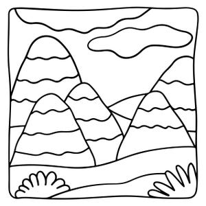May include: A black and white line art illustration featuring a landscape with four rounded mountain peaks, each decorated with horizontal wavy lines. The scene includes a clear sky with a single cloud and two small bushes in the foreground.