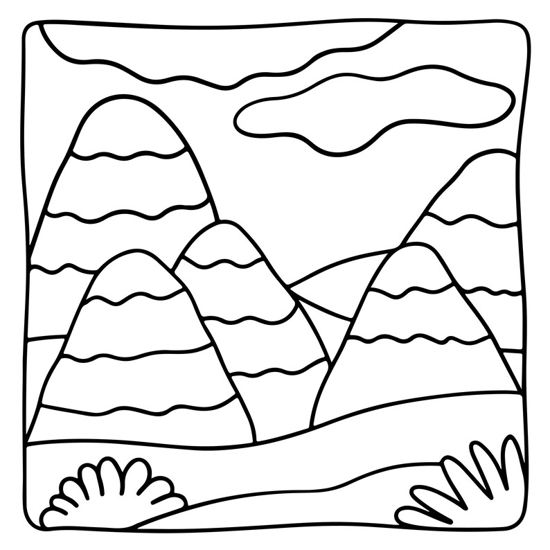 May include: A black and white line art illustration featuring a landscape with four rounded mountain peaks, each decorated with horizontal wavy lines. The scene includes a clear sky with a single cloud and two small bushes in the foreground.