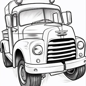 May include: A black and white line art illustration of a vintage truck. The vehicle features a prominent front grille, round headlights, a hood ornament, side mirrors, and two roof-mounted lights. The drawing style uses bold outlines and shading.