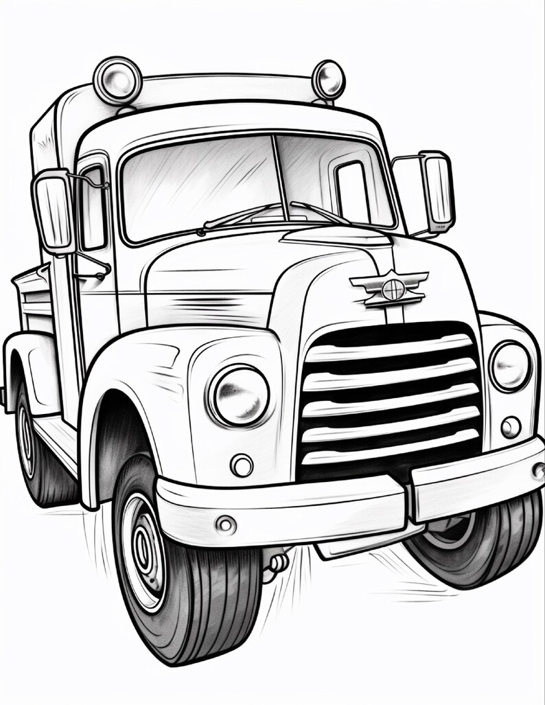 May include: A black and white line art illustration of a vintage truck. The vehicle features a prominent front grille, round headlights, a hood ornament, side mirrors, and two roof-mounted lights. The drawing style uses bold outlines and shading.