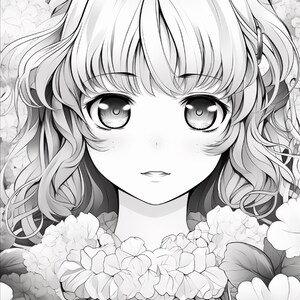 May include: A black and white manga-style illustration of a character with large, detailed eyes and wavy hair. The character is framed by a dense arrangement of floral blossoms around the neck and shoulders, rendered in a clean line art style.