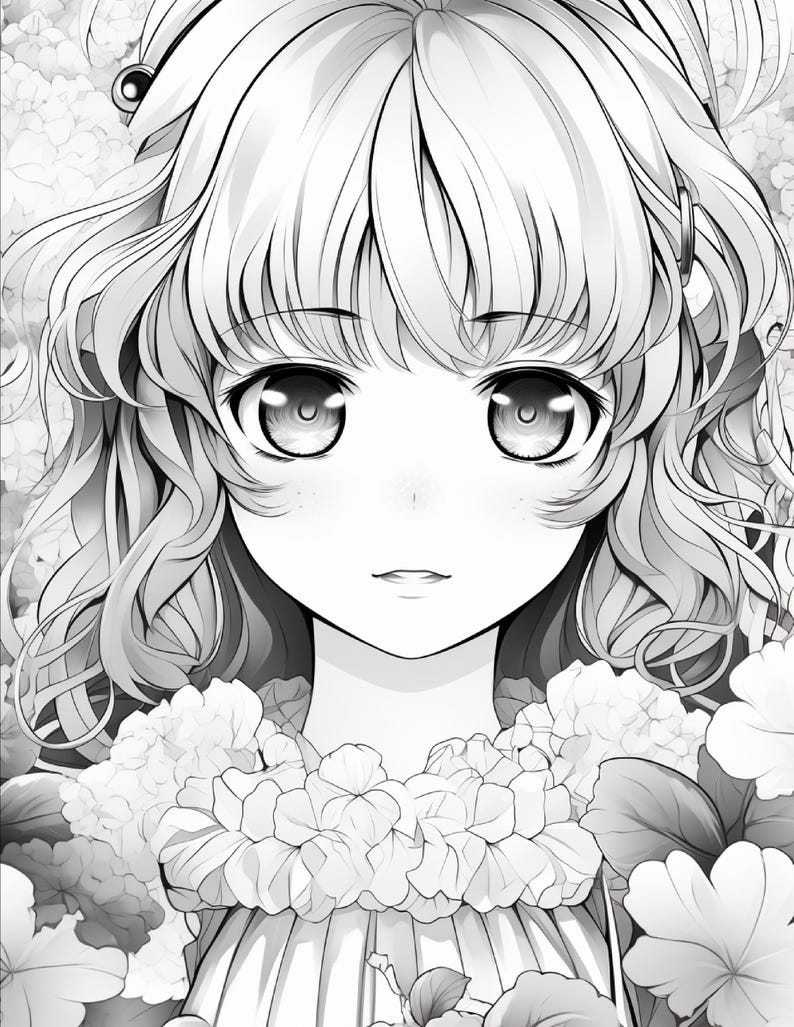 May include: A black and white manga-style illustration of a character with large, detailed eyes and wavy hair. The character is framed by a dense arrangement of floral blossoms around the neck and shoulders, rendered in a clean line art style.