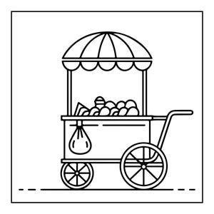 Peut inclure: Une illustration en noir et blanc au trait repr&eacute;sentant un chariot de nourriture mobile avec un toit en auvent ray&eacute;. Le chariot pr&eacute;sente une zone d'exposition rectangulaire remplie d'aliments arrondis, un sac suspendu sur le c&ocirc;t&eacute; et deux roues &agrave; rayons.