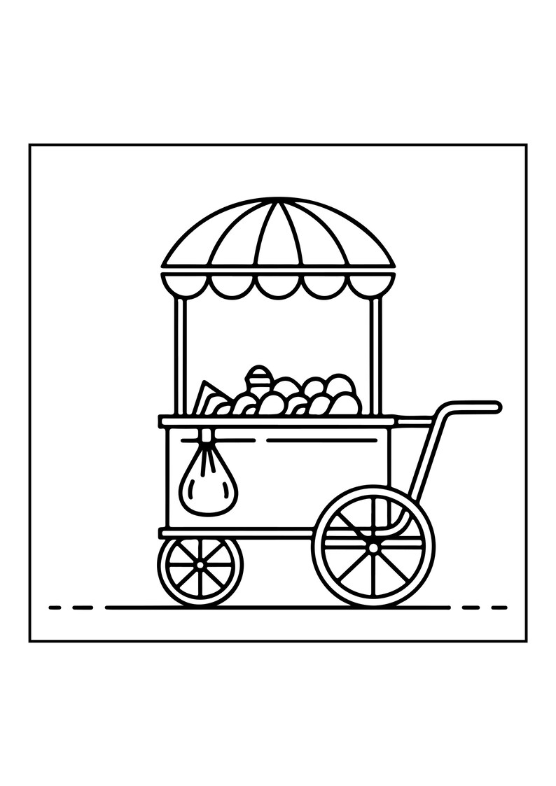 Peut inclure: Une illustration en noir et blanc au trait repr&eacute;sentant un chariot de nourriture mobile avec un toit en auvent ray&eacute;. Le chariot pr&eacute;sente une zone d'exposition rectangulaire remplie d'aliments arrondis, un sac suspendu sur le c&ocirc;t&eacute; et deux roues &agrave; rayons.