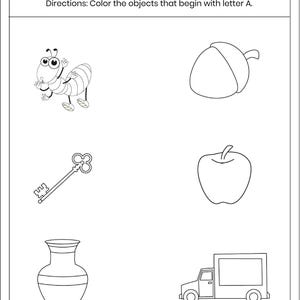 May include: A black and white educational worksheet titled Object Coloring with the text Directions: Color the objects that begin with letter A. The page features line art illustrations of an ant, an acorn, a key, an apple, a vase, and a truck.