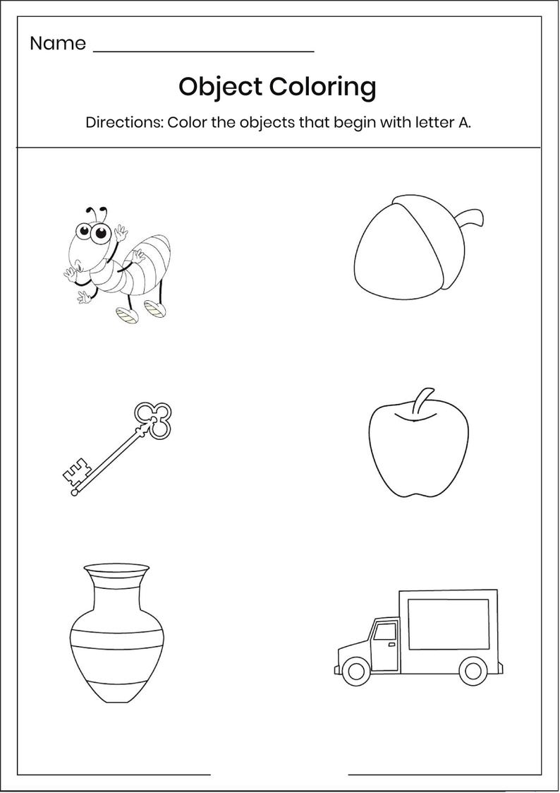 May include: A black and white educational worksheet titled Object Coloring with the text Directions: Color the objects that begin with letter A. The page features line art illustrations of an ant, an acorn, a key, an apple, a vase, and a truck.