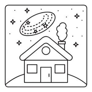 May include: A black and white line art illustration featuring a small house with a chimney emitting smoke, set against a night sky filled with stars and a large, tilted, oval-shaped galaxy or planet with dotted rings and star accents.