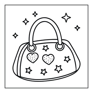 May include: A black and white line art drawing of a handbag featuring two top handles attached with circular rings. The surface of the bag is decorated with multiple star shapes and two heart icons, each filled with a pattern of small dots.
