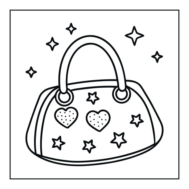 May include: A black and white line art drawing of a handbag featuring two top handles attached with circular rings. The surface of the bag is decorated with multiple star shapes and two heart icons, each filled with a pattern of small dots.