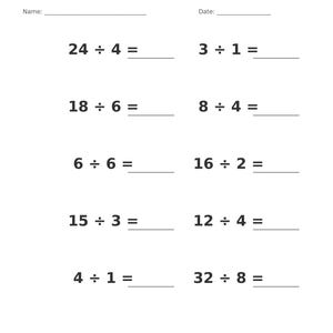 May include: A white educational worksheet titled Division &bull; Single Digit with blank lines for Name and Date. It features ten math problems including 24 &divide; 4, 3 &divide; 1, 18 &divide; 6, 8 &divide; 4, 6 &divide; 6, 16 &divide; 2, 15 &divide; 3, 12 &divide; 4, 4 &divide; 1, and 32 &divide; 8, with Page 8 of 100 at the bottom.