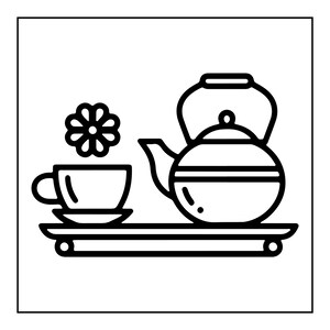 Peut inclure: Une illustration en noir et blanc au trait repr&eacute;sentant un service &agrave; th&eacute; sur un plateau rectangulaire. L'ensemble comprend une th&eacute;i&egrave;re, une tasse &agrave; th&eacute; sur une soucoupe et une ic&ocirc;ne de fleur stylis&eacute;e flottant au-dessus de la tasse.