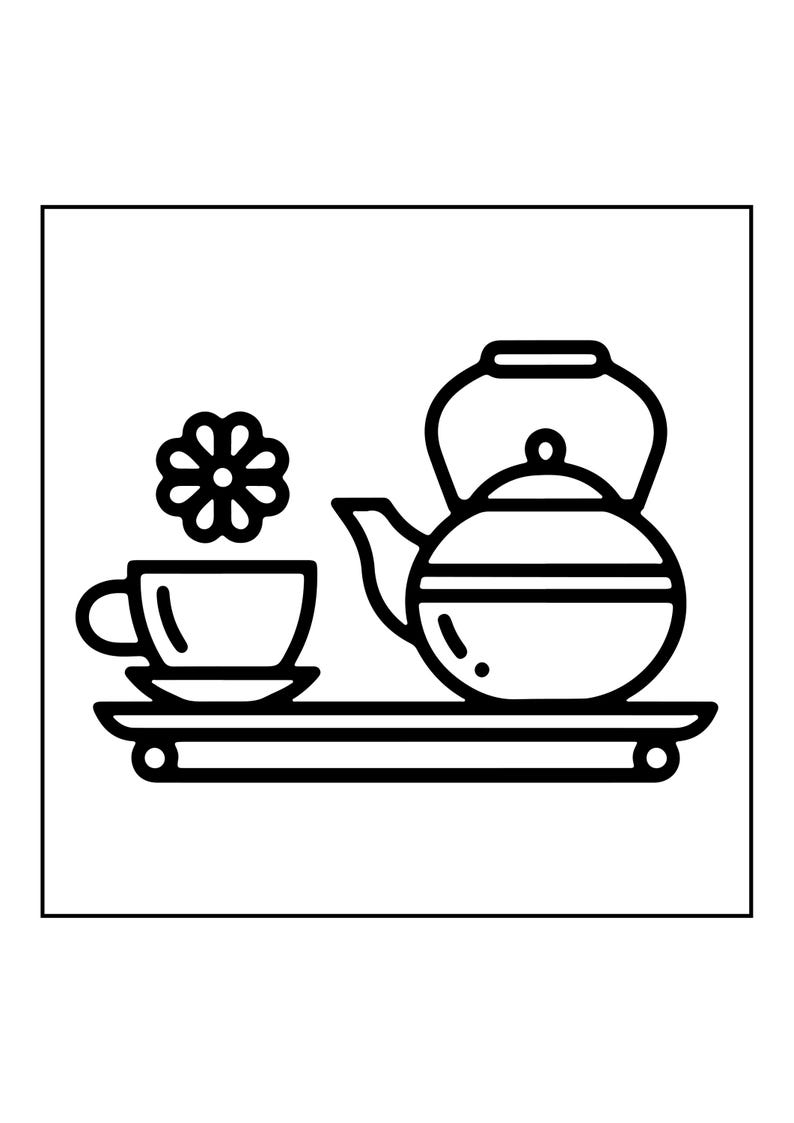 Peut inclure: Une illustration en noir et blanc au trait repr&eacute;sentant un service &agrave; th&eacute; sur un plateau rectangulaire. L'ensemble comprend une th&eacute;i&egrave;re, une tasse &agrave; th&eacute; sur une soucoupe et une ic&ocirc;ne de fleur stylis&eacute;e flottant au-dessus de la tasse.