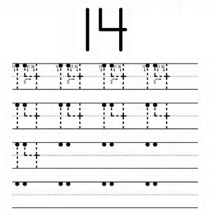 Peut inclure: Une feuille d'exercices &eacute;ducative en noir et blanc intitul&eacute;e Number Tracing The Number 14. La page pr&eacute;sente le chiffre 14 en grand en haut, suivi de lignes en pointill&eacute;s et de fl&egrave;ches directionnelles pour guider l'&eacute;criture du chiffre 14.