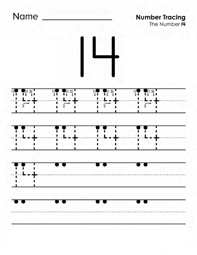 Peut inclure: Une feuille d'exercices &eacute;ducative en noir et blanc intitul&eacute;e Number Tracing The Number 14. La page pr&eacute;sente le chiffre 14 en grand en haut, suivi de lignes en pointill&eacute;s et de fl&egrave;ches directionnelles pour guider l'&eacute;criture du chiffre 14.