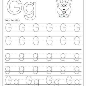 May include: A black and white educational worksheet titled Letter Tracing featuring the uppercase and lowercase letter Gg. The page includes a large outline of Gg, a line drawing of a goat to color, and six rows of dotted lines for tracing.
