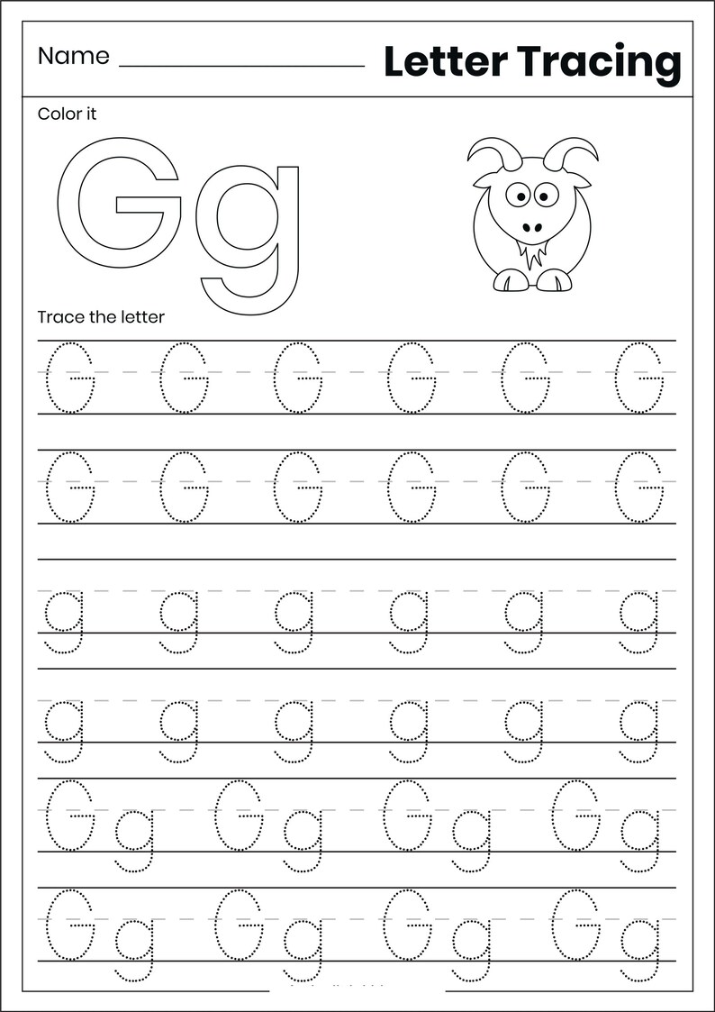 May include: A black and white educational worksheet titled Letter Tracing featuring the uppercase and lowercase letter Gg. The page includes a large outline of Gg, a line drawing of a goat to color, and six rows of dotted lines for tracing.