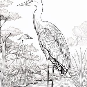 K&ouml;nnte beinhalten: Eine schwarz-wei&szlig;e Strichzeichnung, die einen gro&szlig;en Reiher zeigt, der in flachem Wasser steht. Ein kleinerer Vogel sitzt auf einem Ast auf der linken Seite. Die Szene enth&auml;lt detaillierte Federn, hohes Gras, Steine und B&auml;ume im Hintergrund.