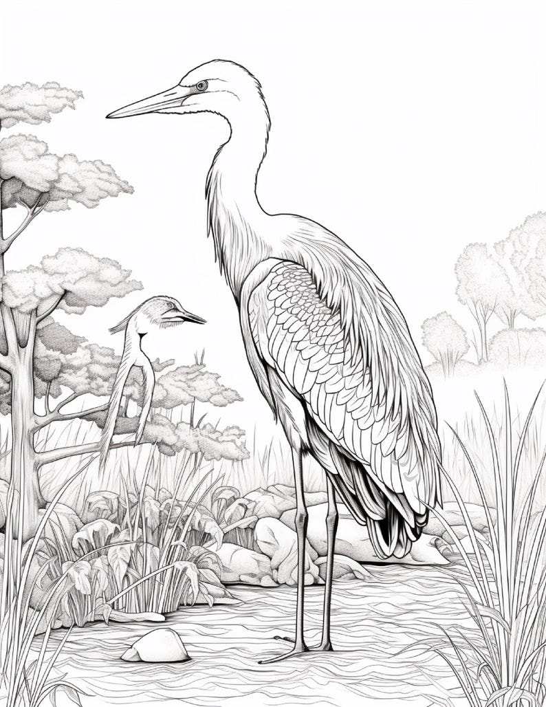 K&ouml;nnte beinhalten: Eine schwarz-wei&szlig;e Strichzeichnung, die einen gro&szlig;en Reiher zeigt, der in flachem Wasser steht. Ein kleinerer Vogel sitzt auf einem Ast auf der linken Seite. Die Szene enth&auml;lt detaillierte Federn, hohes Gras, Steine und B&auml;ume im Hintergrund.