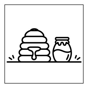 May include: A black and white line art illustration featuring a stacked beehive with a single drip of honey on the front, positioned next to a small glass jar filled with honey. The design is set against a plain white background with simple lines.