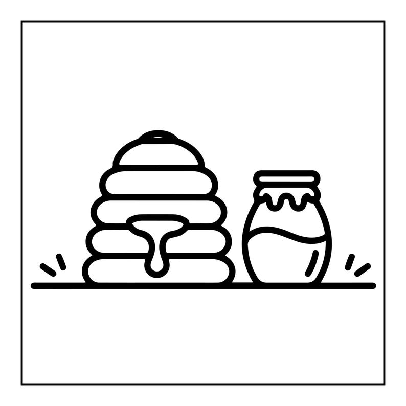 May include: A black and white line art illustration featuring a stacked beehive with a single drip of honey on the front, positioned next to a small glass jar filled with honey. The design is set against a plain white background with simple lines.