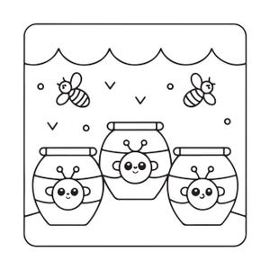 May include: A black and white line art illustration featuring three rounded jars, each decorated with a smiling bee face icon. Two flying bees are positioned above the jars, with small circles and V-shaped marks scattered in the background.