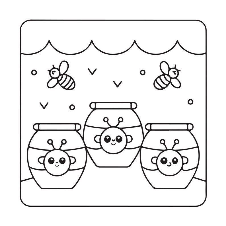 May include: A black and white line art illustration featuring three rounded jars, each decorated with a smiling bee face icon. Two flying bees are positioned above the jars, with small circles and V-shaped marks scattered in the background.