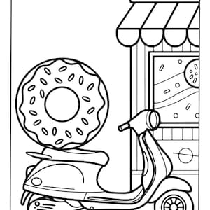 Puede incluir: Una ilustraci&oacute;n de arte lineal en blanco y negro que muestra un scooter estacionado frente a una tienda con un toldo a rayas. Una dona grande con chispas est&aacute; colocada directamente sobre el asiento del scooter. El escaparate muestra un gr&aacute;fico circular.