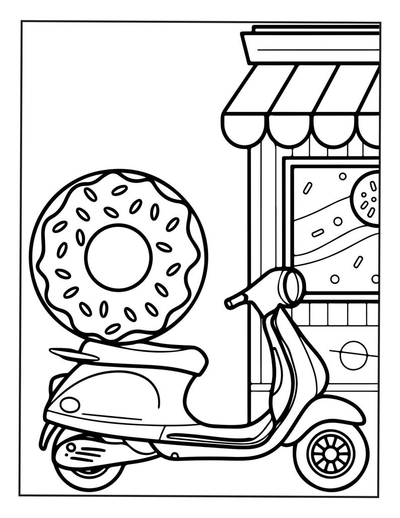 Puede incluir: Una ilustraci&oacute;n de arte lineal en blanco y negro que muestra un scooter estacionado frente a una tienda con un toldo a rayas. Una dona grande con chispas est&aacute; colocada directamente sobre el asiento del scooter. El escaparate muestra un gr&aacute;fico circular.