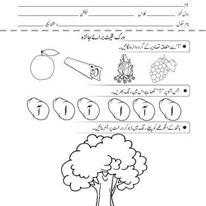 An Urdu review worksheet featuring a coloring activity of a tree, letter tracing on potatoes, and image matching exercises.