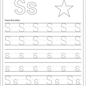 May include: A black and white educational worksheet titled Letter Tracing with a blank line for a name. It features a large outline of the letter Ss, a star outline, and six rows of dotted lines for tracing the uppercase and lowercase letter S.
