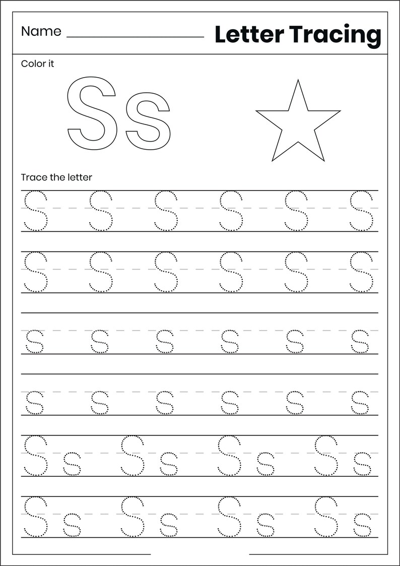 May include: A black and white educational worksheet titled Letter Tracing with a blank line for a name. It features a large outline of the letter Ss, a star outline, and six rows of dotted lines for tracing the uppercase and lowercase letter S.