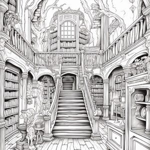 May include: A black and white line art illustration of a multi-level library interior. A central staircase leads to an upper balcony lined with bookshelves. Intricate tree branches grow through the architecture, and shelves are filled with books.