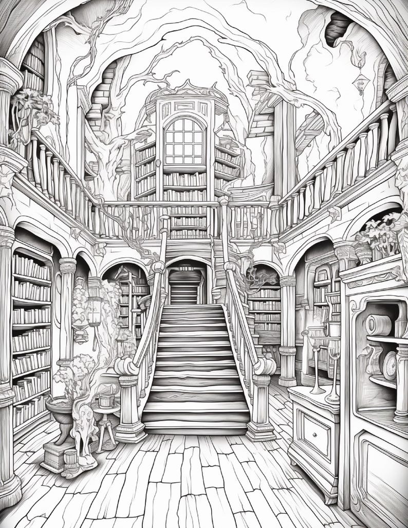 May include: A black and white line art illustration of a multi-level library interior. A central staircase leads to an upper balcony lined with bookshelves. Intricate tree branches grow through the architecture, and shelves are filled with books.
