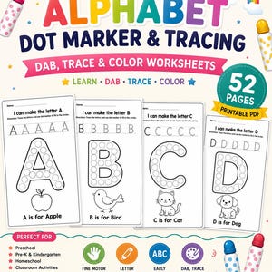 Peut inclure: Un ensemble de 52 feuilles de travail imprimables en PDF pour le tra&ccedil;age et le marquage par points de l'alphabet, incluant les lettres A &agrave; D avec des illustrations d'une pomme, d'un oiseau, d'un chat et d'un chien et des marqueurs color&eacute;s.